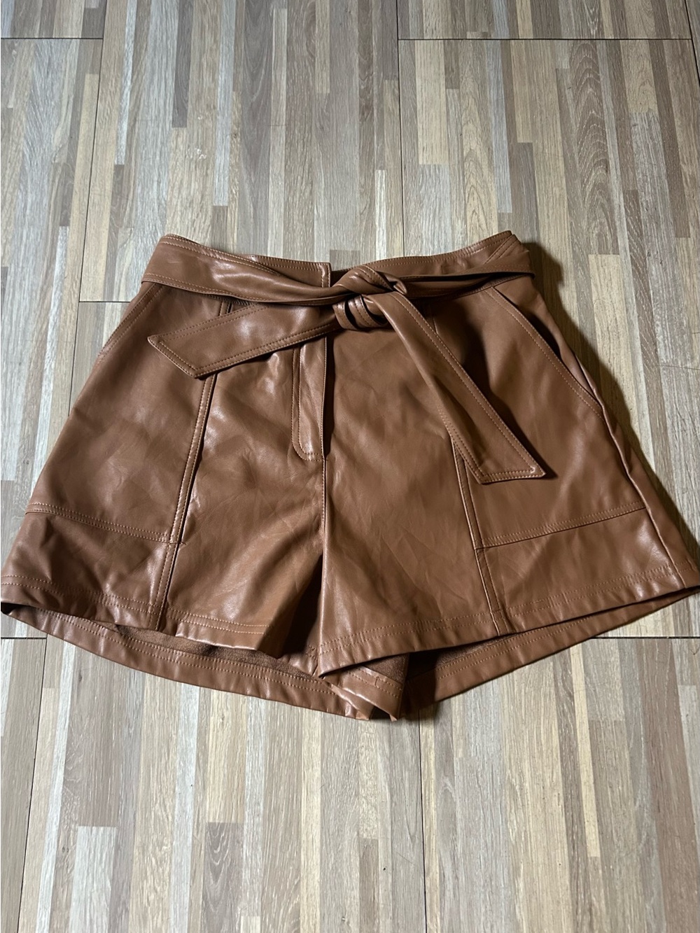 Mustard Seed High-Rise Faux Leather Tie-Waist Shorts - Brown Size Medium